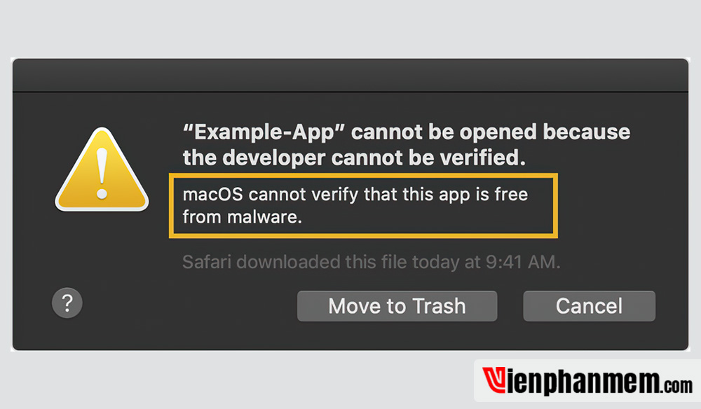 Thông báo macOS cannot verify that this tiện ích is không tính phí from malware Khi banh ứng dụng