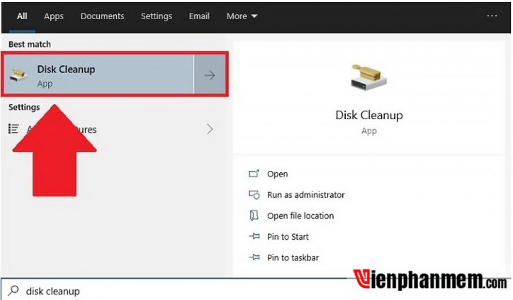 Tìm ứng dụng Disk Cleanup bằng công cụ tìm kiếm của Win 10
