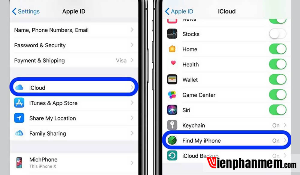 Chọn iCloud và nhấn vào Find My iPhone > Tắt