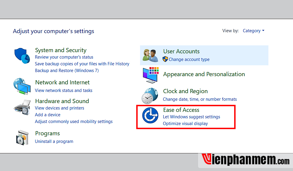 Click vào mục Ease of Access trong Control Panel Win 10