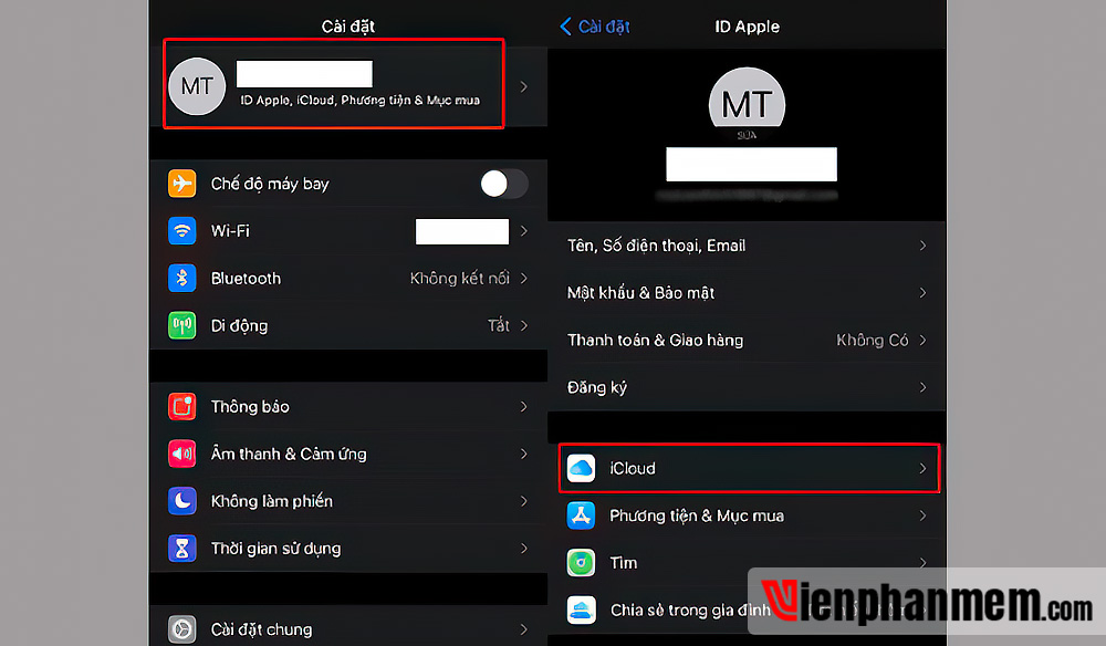 Nhấn vào Tên tài khoản và chọn iCloud