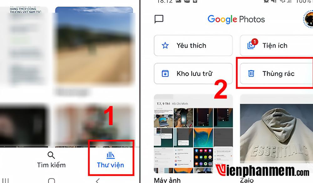 Nhấn vào tab Thư viện và chọn mục Thùng rác trong Google Photos