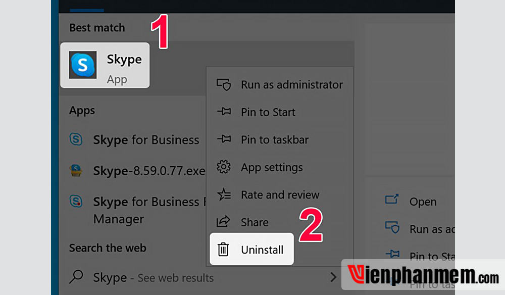 Click chuột phải vào ứng dụng Skype và chọn Uninstall để gỡ cài đặt